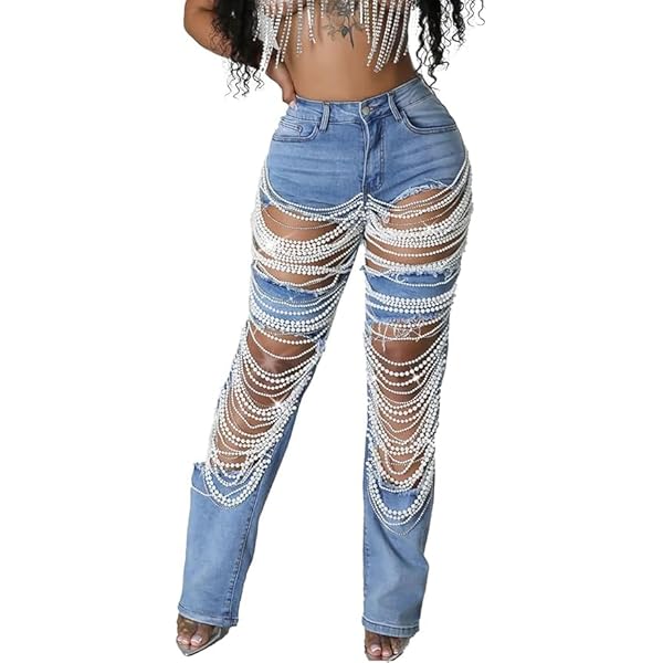 Amazon.com: Qhecomce Womens Ripped Destroyed Rhinestones Jeans